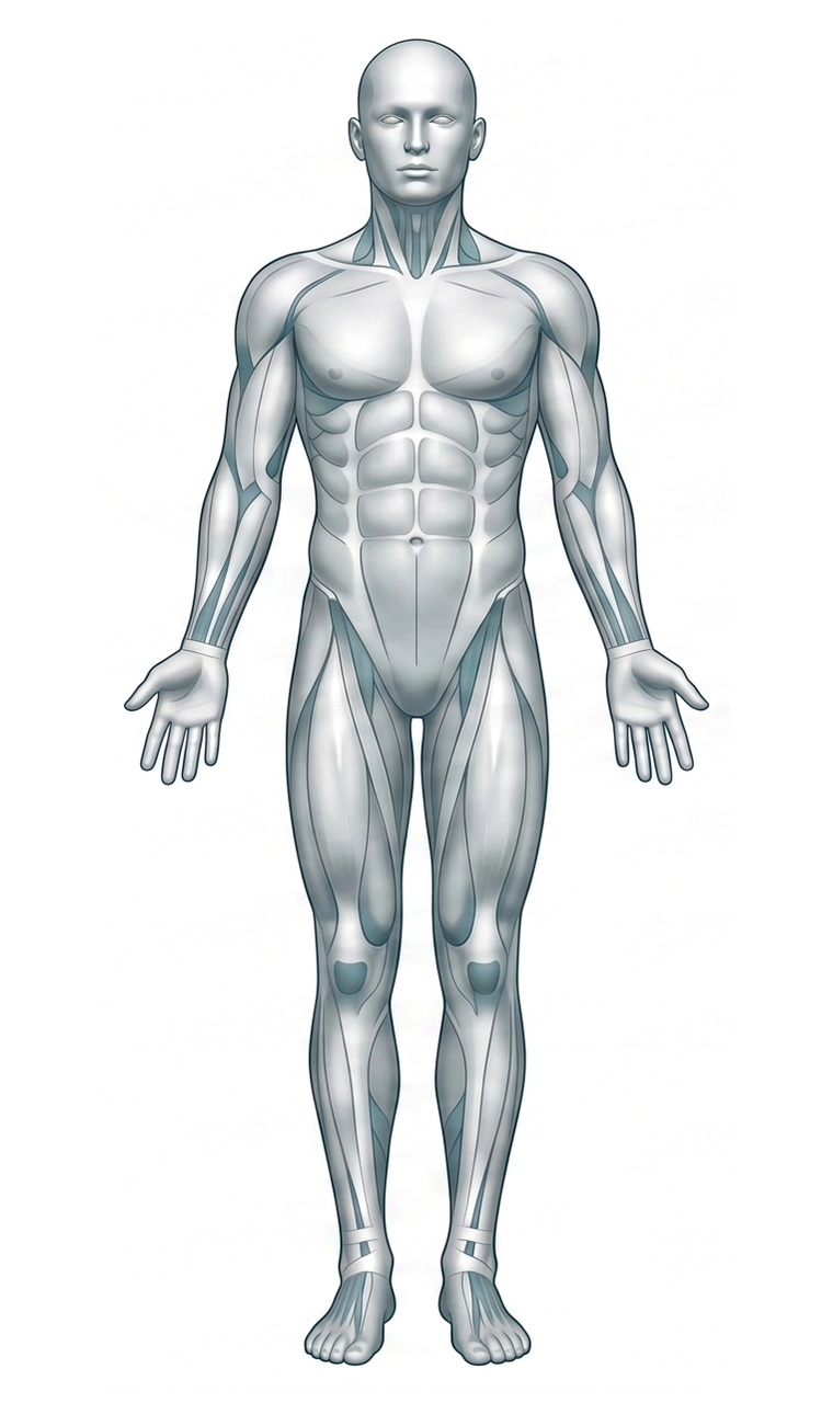 Front view anatomical diagram — click a marker to see conditions treated in that area